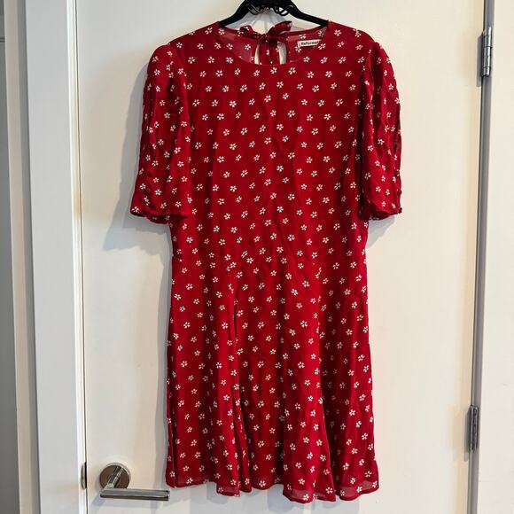 Reformation Floral Puff Sleeve Bard Mini Dress Red Back Tie Button Sz 12 - Picture 4 of 12